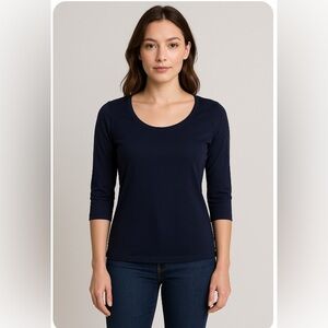 Eileen Fisher sz PM 100% SILK 3/4 sleeve Shirt Top EUC Blouse Navy Blue Black